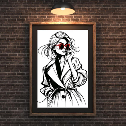 Fashion Icon Sketch - Minimalist Wall Art with Red Sunglasses | Contemporary Figure Line Art Poster Digital Download - Free Bonus Prints - Social Canvas