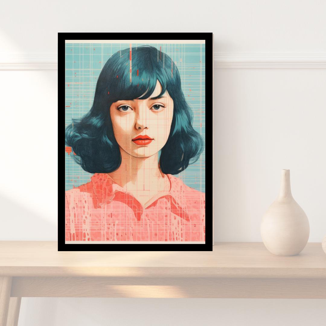 Retro Futuristic Female Portrait - Blue and Coral Abstract Art Print - Contemporary Wall Decor - Social Canvas