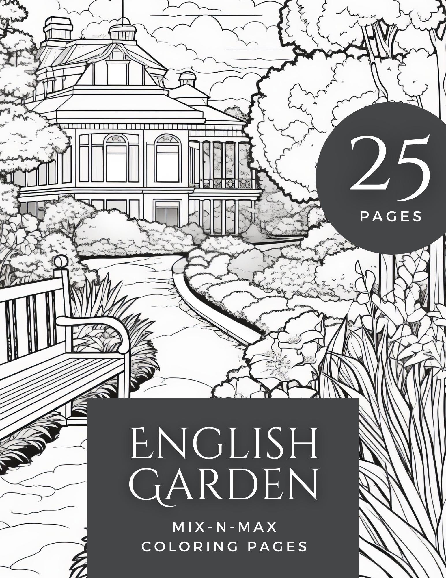 English Garden Coloring Book | 25-Page Canva Template for Relaxation and Mindfulness | Beautiful Floral and Garden-Themed Pages - Social Canvas
