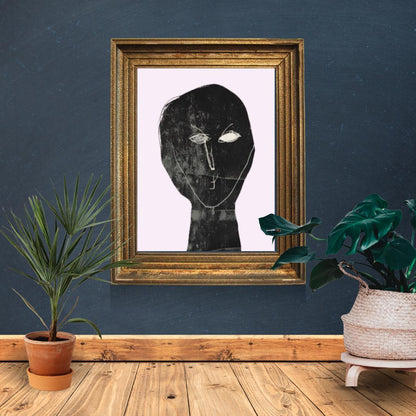 Abstract Minimalist Portrait Art | Monochrome Expressionist Wall Print with Pastel Pink Background | Modern Contemporary Decor - Social Canvas