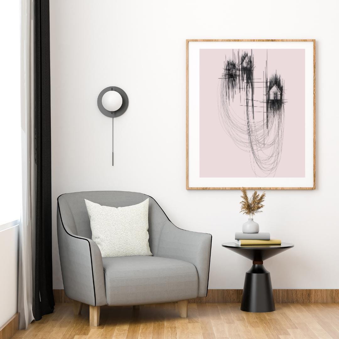 Minimalist Abstract Line Art | Black and Pink Modern Wall Art | Contemporary House Sketch Design for Home or Office Decor - Social Canvas