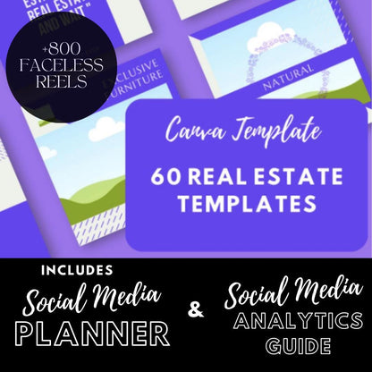 60 Real Estate | Property Marketing | Just Listed Open House and Sold Posts | Social Media Planner, Analytics Guide and 800 Faceless Videos - Social Canvas