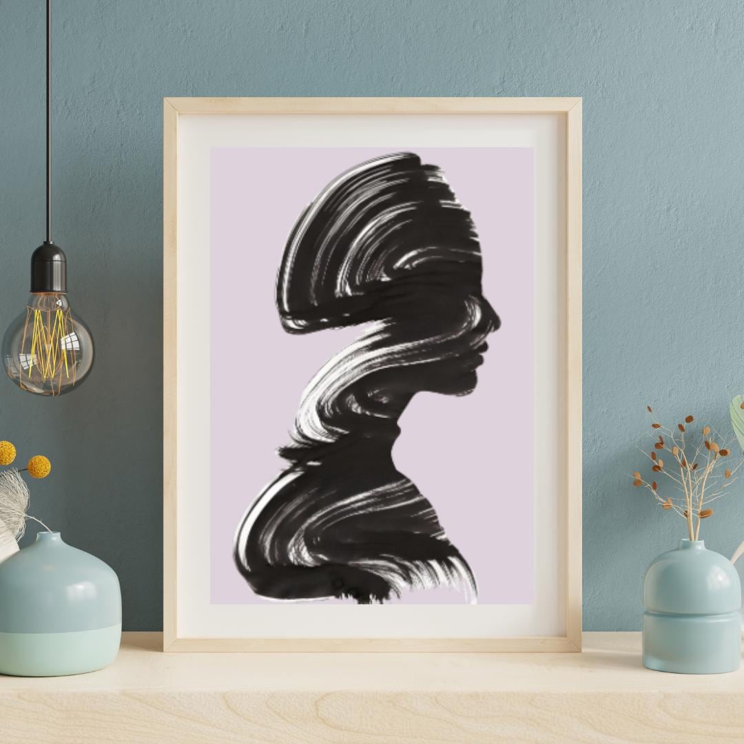 Abstract Silhouette Wall Art | Minimalist Black Brushstroke Portrait with Pastel Lavender Background |  Home Decor for Living Room or Office - Social Canvas