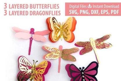 3D Layered Dragonflies and Butterflies - Social Canvas