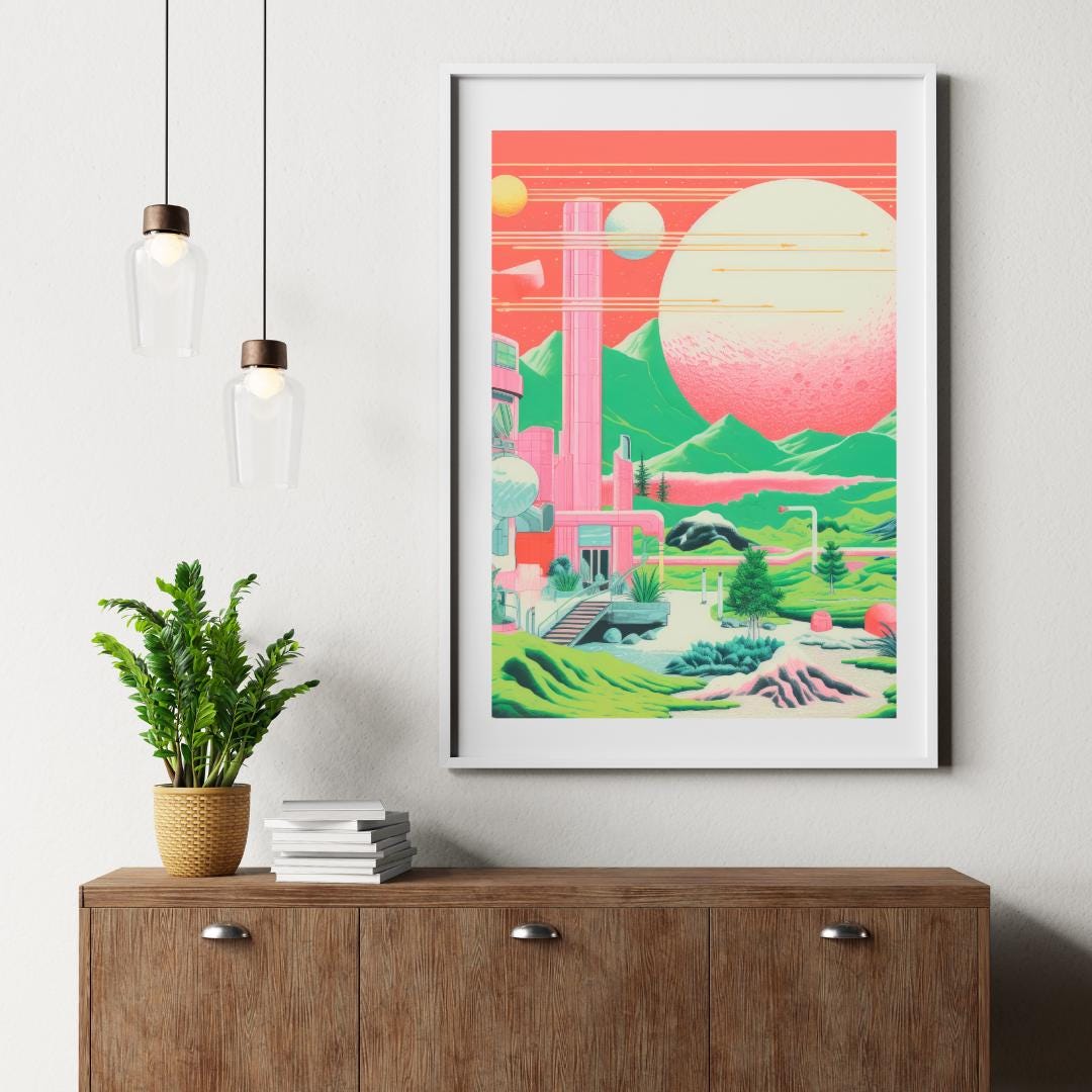 Retro Futuristic Landscape Art – Vibrant Sci-Fi Poster with Neon Planets and Cosmic Architecture - Social Canvas