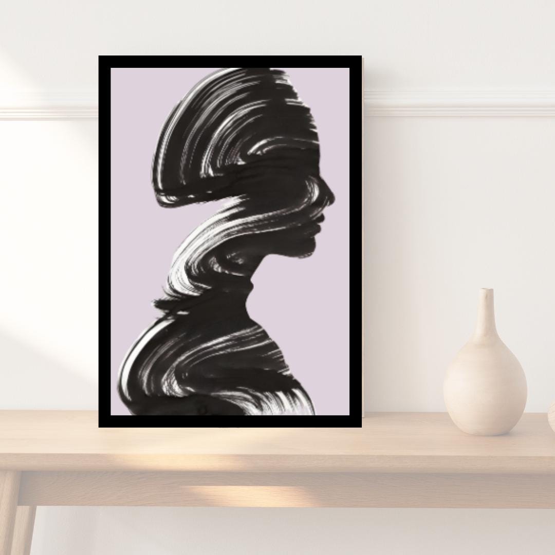Abstract Silhouette Wall Art | Minimalist Black Brushstroke Portrait with Pastel Lavender Background |  Home Decor for Living Room or Office - Social Canvas