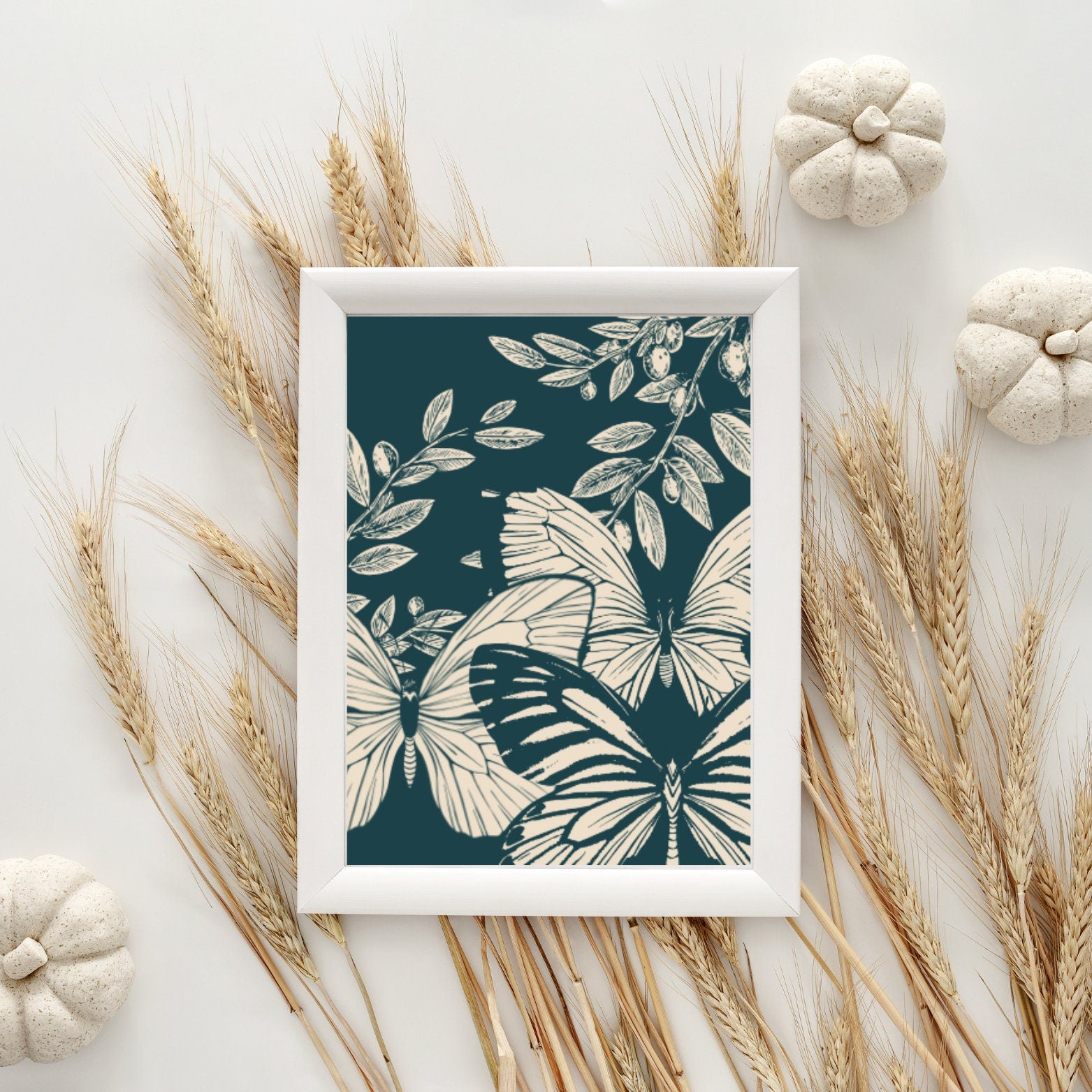 Vintage Botanical Butterfly Illustration – Elegant Green and Cream Art Print - Social Canvas