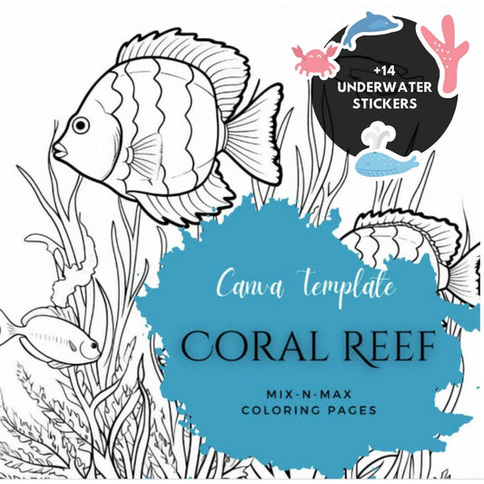 Coral Reef Coloring Book | 25-Page Canva Template with Underwater Ocean Life Designs | Marine-Themed Coloring Pages for All Ages - Social Canvas