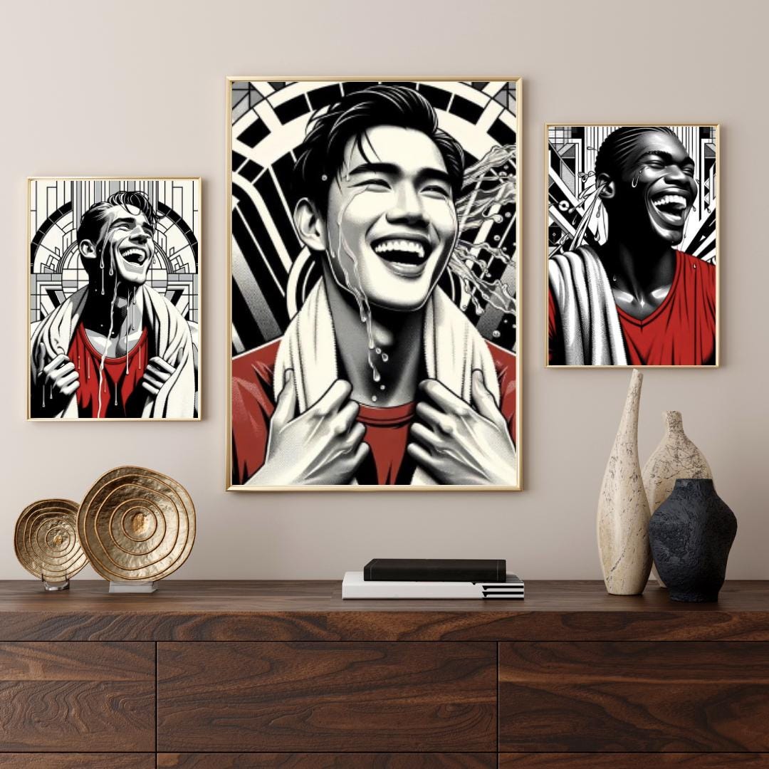 Bold Black & White Portrait Wall Art Set - Vibrant Smiling Faces with Red Accents, Modern Pop Art Prints, Unique Living Room Decor - Social Canvas