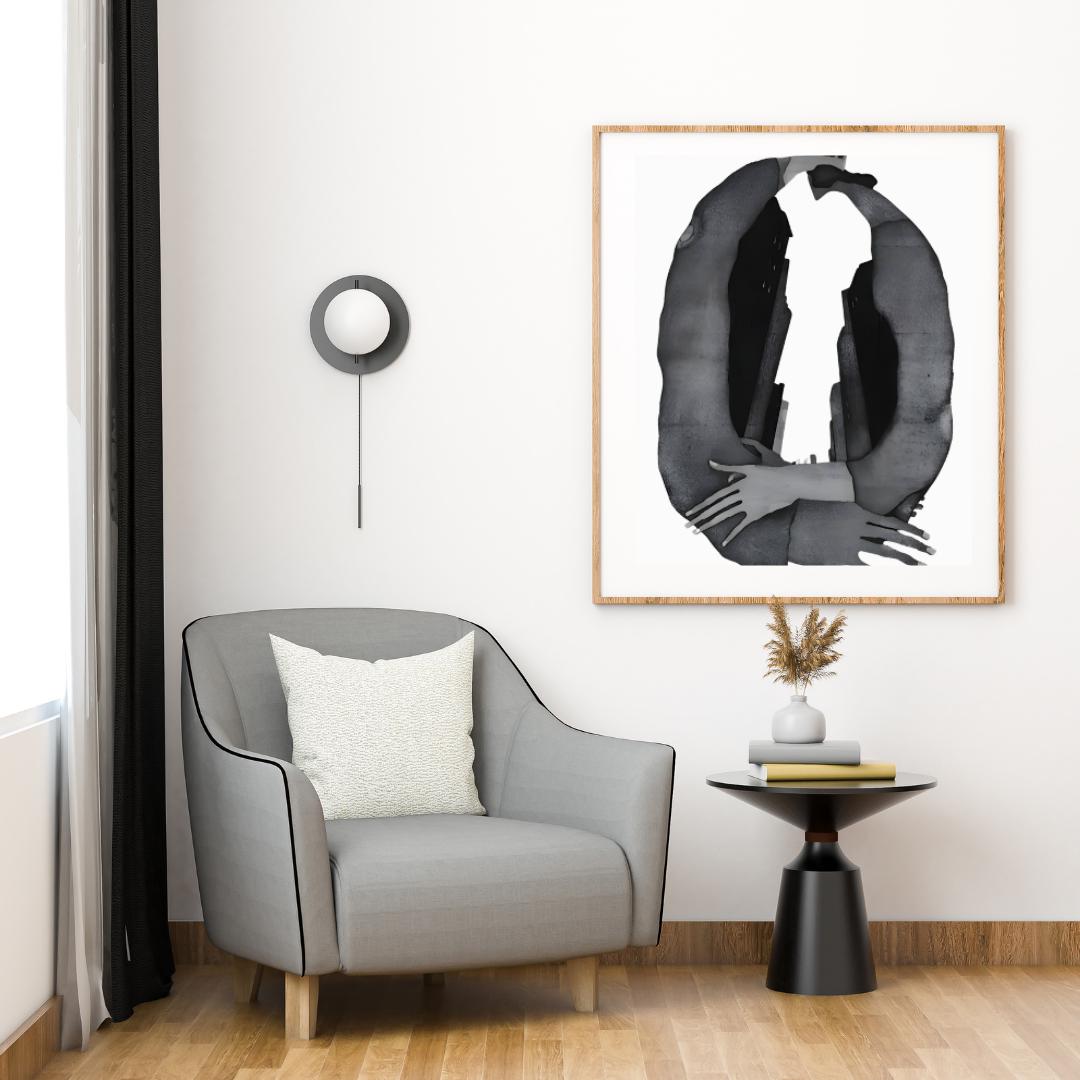 Abstract Embrace and Urban Silhouette Art Print | Modern Black and White Surrealist Painting | Contemporary Wall Art for Minimalist Spaces - Social Canvas