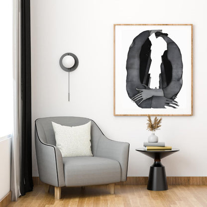 Abstract Embrace and Urban Silhouette Art Print | Modern Black and White Surrealist Painting | Contemporary Wall Art for Minimalist Spaces - Social Canvas