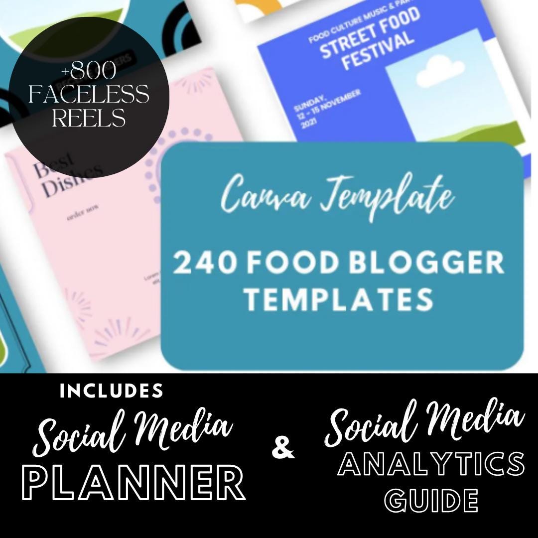 240 Food Blogger Canva Templates | Recipe Posts, Menu and Promo Designs | Social Media Planner | Analytics Guide | 800 Faceless Videos - Social Canvas