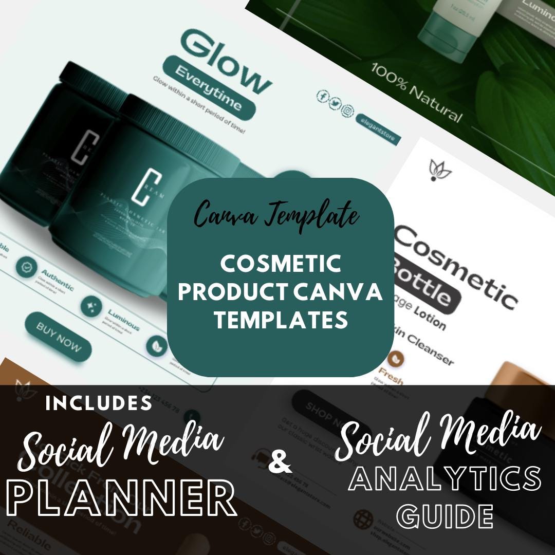 4 Minimalist Cosmetic Product Canva Templates | Social Media Planner and Analytics Guide | Canva Template Bundle - Social Canvas