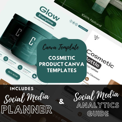 4 Minimalist Cosmetic Product Canva Templates | Social Media Planner and Analytics Guide | Canva Template Bundle - Social Canvas