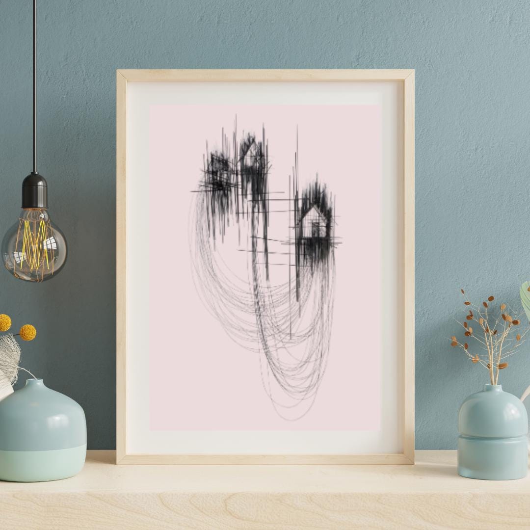 Minimalist Abstract Line Art | Black and Pink Modern Wall Art | Contemporary House Sketch Design for Home or Office Decor - Social Canvas