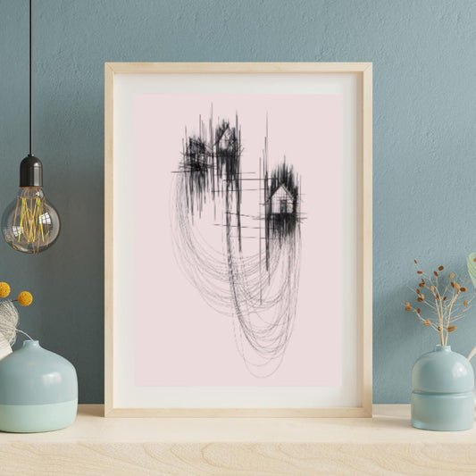 Minimalist Abstract Line Art | Black and Pink Modern Wall Art | Contemporary House Sketch Design for Home or Office Decor - Social Canvas
