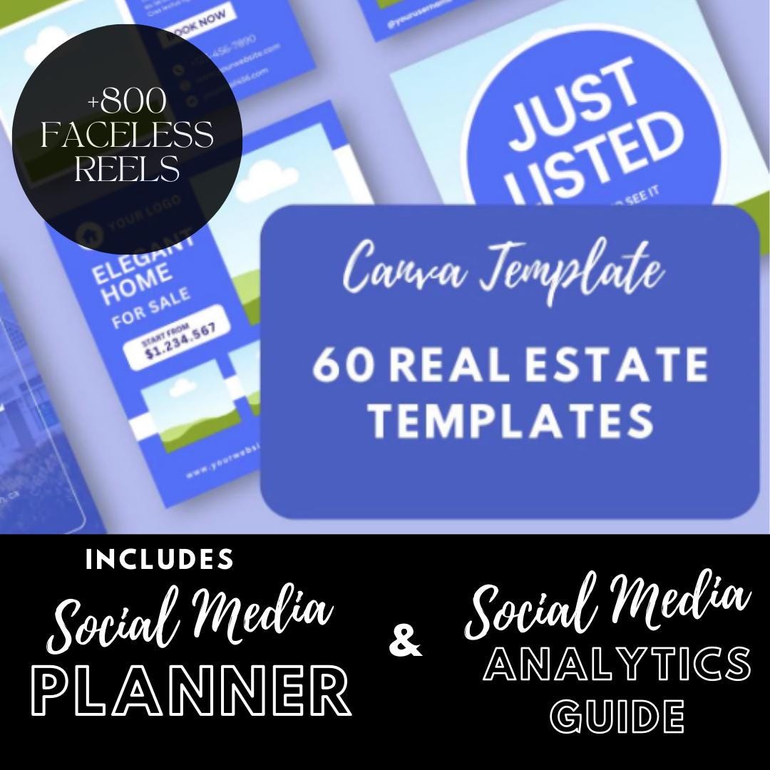 60 Real Estate Templates | Just Listed, Open House | Sold Templates | Social Media Planner, Analytics Guide | 800 Faceless Videos - Social Canvas