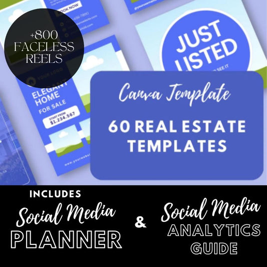 60 Real Estate Templates | Just Listed, Open House | Sold Templates | Social Media Planner, Analytics Guide | 800 Faceless Videos - Social Canvas