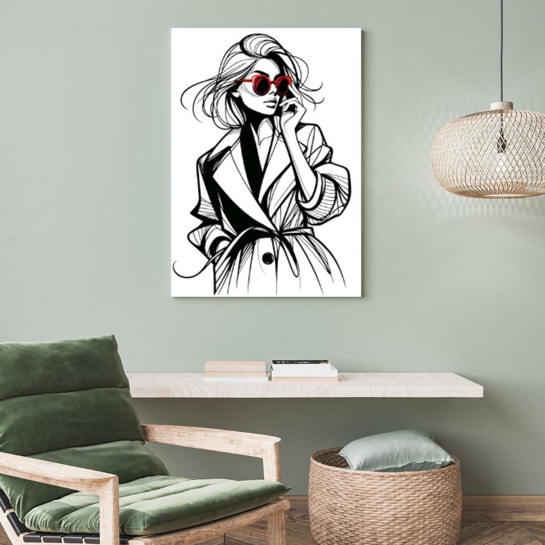 Fashion Icon Sketch - Minimalist Wall Art with Red Sunglasses | Contemporary Figure Line Art Poster Digital Download - Free Bonus Prints - Social Canvas