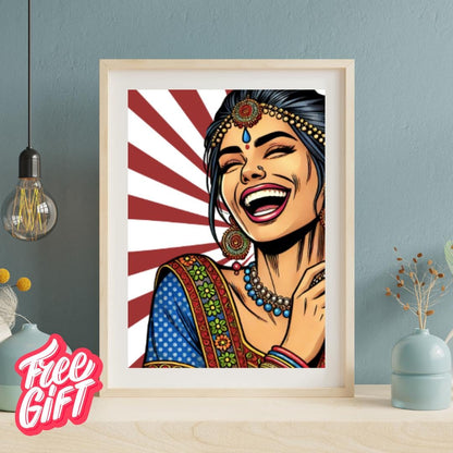 Vibrant Indian Woman Laughing | Pop Art Digital Print | Indian Pop Art Style Print | Bollywood Art - Free Bonus Prints - Social Canvas