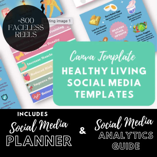 Healthy Living Social Media Templates | Social Media Planner, Analytics Guide and 800 Faceless Videos | Wellness Tips, Meal Prep Hydration - Social Canvas