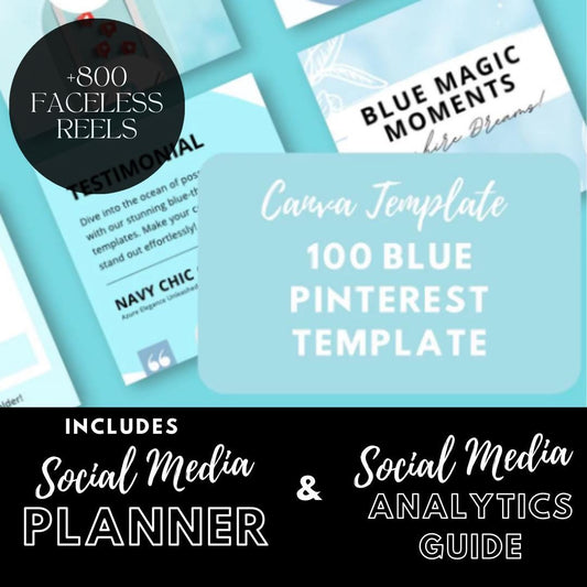 100 Blue Pinterest Templates | Aesthetic Pin Designs | Editable Pinterest Graphics | Media Planner, Analytics Guide | 800 Faceless Videos - Social Canvas