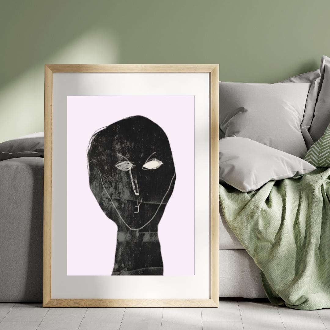 Abstract Minimalist Portrait Art | Monochrome Expressionist Wall Print with Pastel Pink Background | Modern Contemporary Decor - Social Canvas