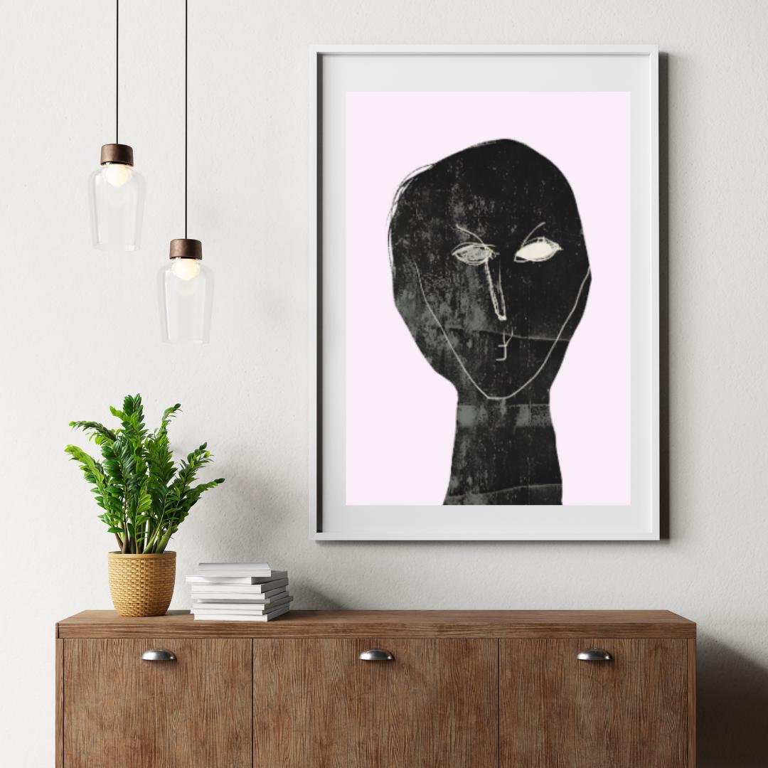 Abstract Minimalist Portrait Art | Monochrome Expressionist Wall Print with Pastel Pink Background | Modern Contemporary Decor - Social Canvas