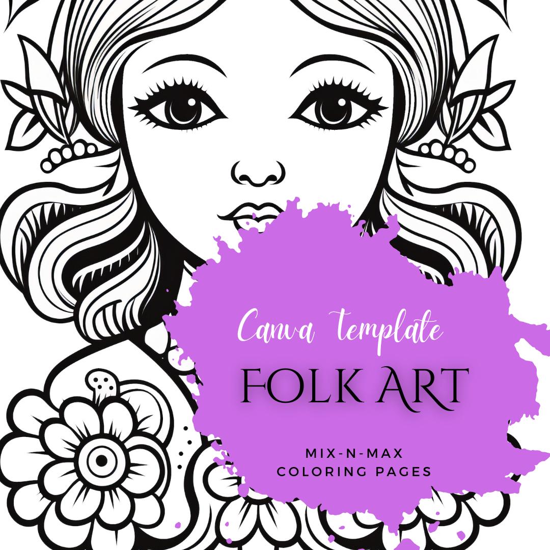 Folk Art Coloring Book | 25-Page Canva Template with Traditional Folk-Inspired Designs | Creative Coloring Pages for All Ages - Social Canvas