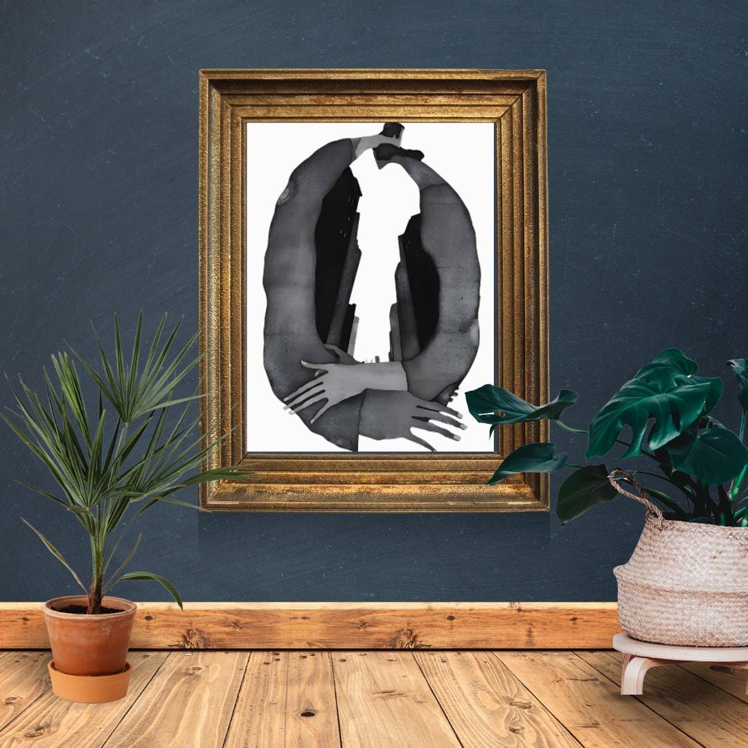 Abstract Embrace and Urban Silhouette Art Print | Modern Black and White Surrealist Painting | Contemporary Wall Art for Minimalist Spaces - Social Canvas