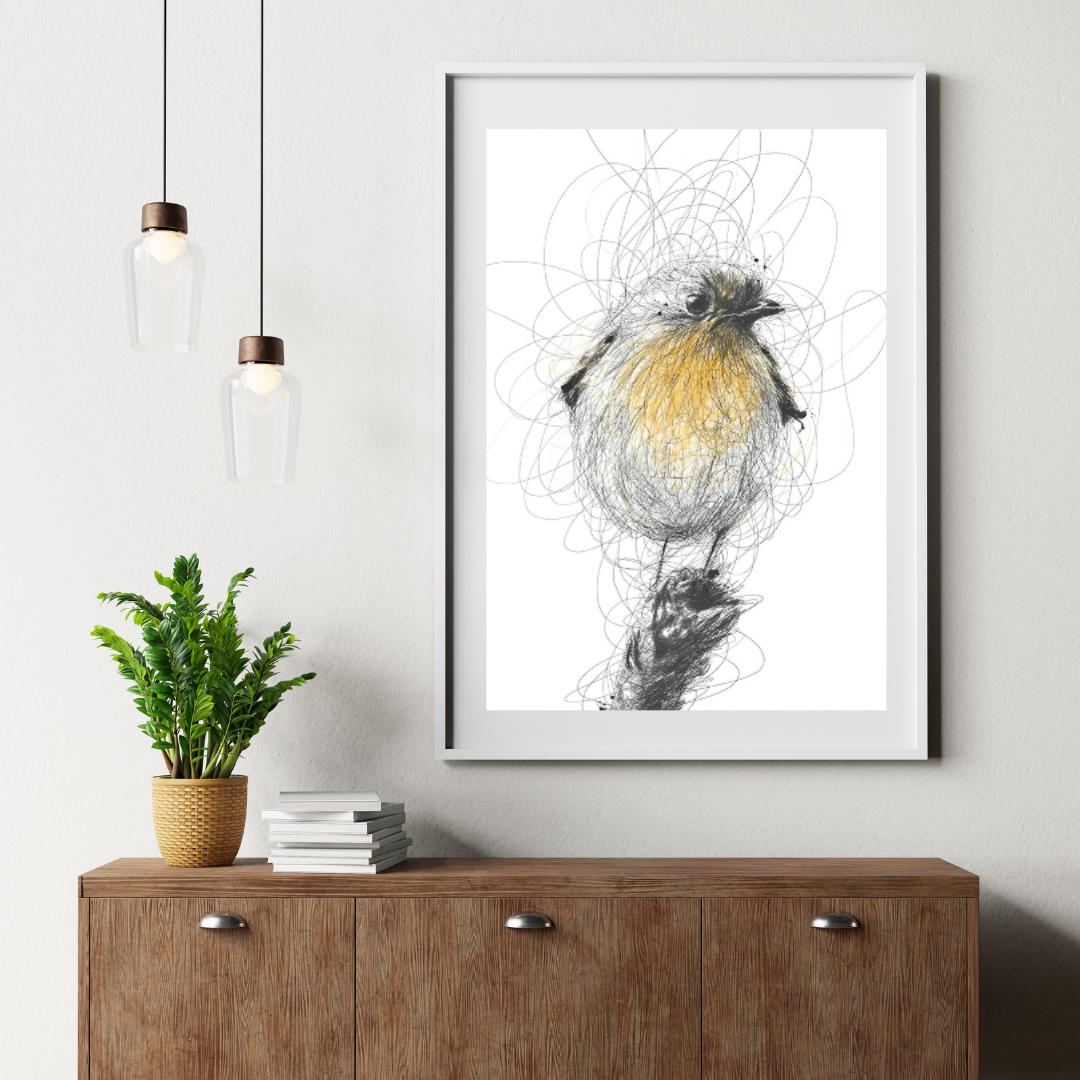 Whimsical Scribble Robin Artwork | Yellow and Black Bird Illustration | Minimalist Nature-Inspired Wall Art for Home Decor - Social Canvas