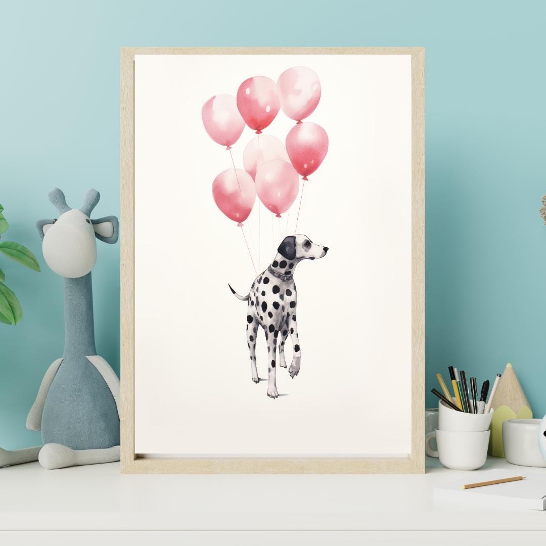 Dalmatian with Balloons Art Print - Whimsical Floating Dog Wall Decor | 200 Kids Wall Art Prints | Perfect for Nursery and Playroom Decor - Social Canvas