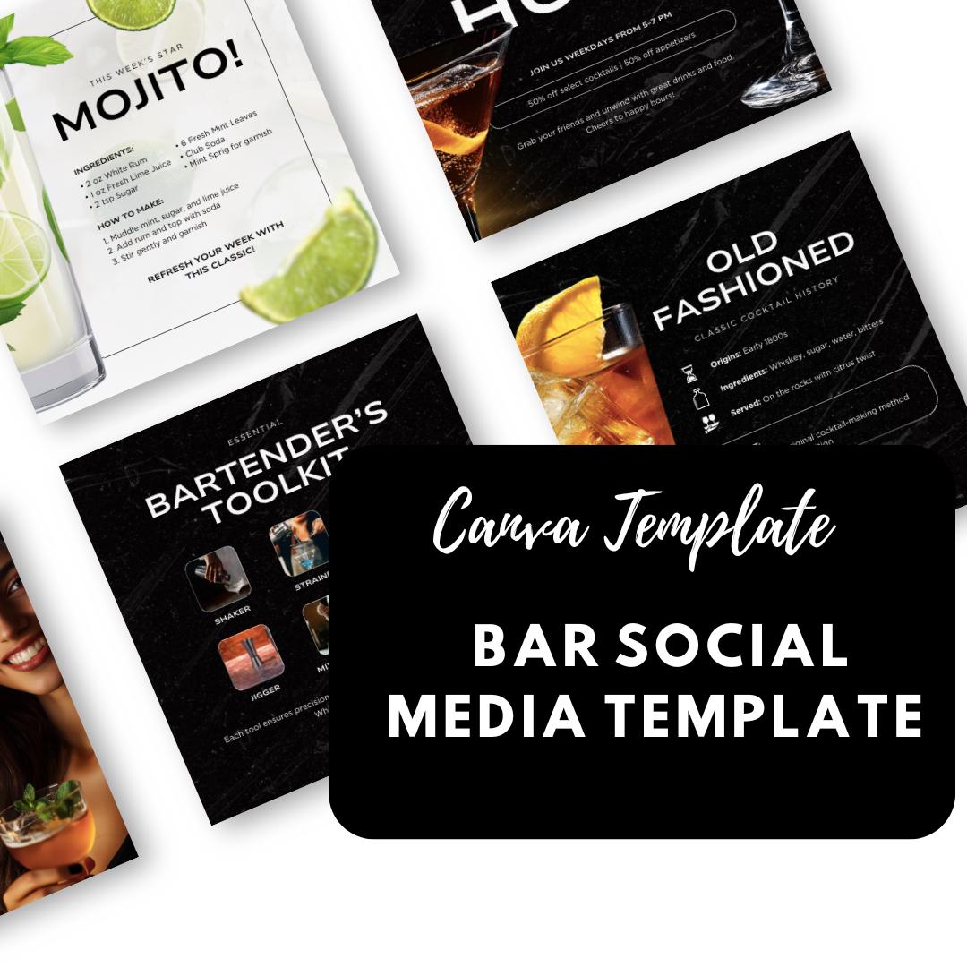 30 Bar Social Media Templates | Editable Canva Templates | Cocktail Menus, Happy Hour & Event Promotions | Instant Download - Social Canvas