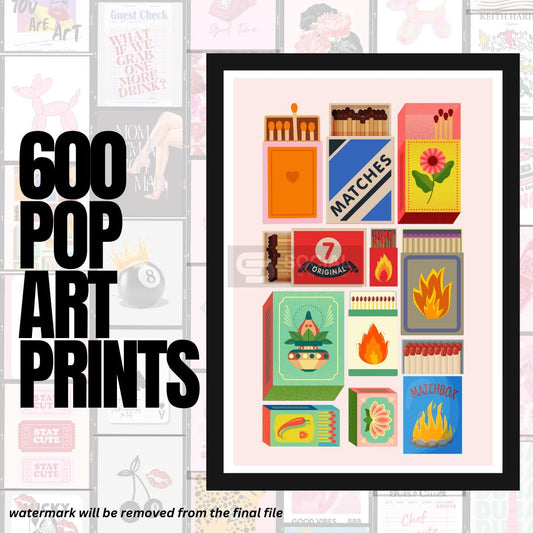 Colorful Matchbox Pop Art Printable - Retro Matchbook Illustration | 600 Pop Art Prints Bundle - Social Canvas
