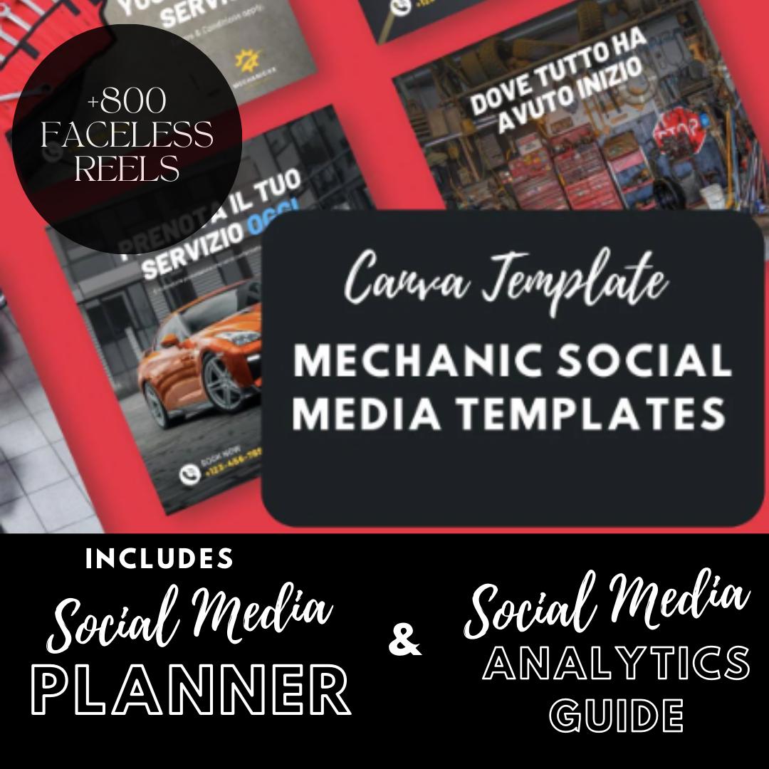 15 Mechanic Social Media Canva Templates | Editable Social Media Graphics | Social Media Planner, Analytics Guide and 800 Faceless Videos - Social Canvas