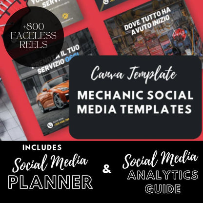 15 Mechanic Social Media Canva Templates | Editable Social Media Graphics | Social Media Planner, Analytics Guide and 800 Faceless Videos - Social Canvas