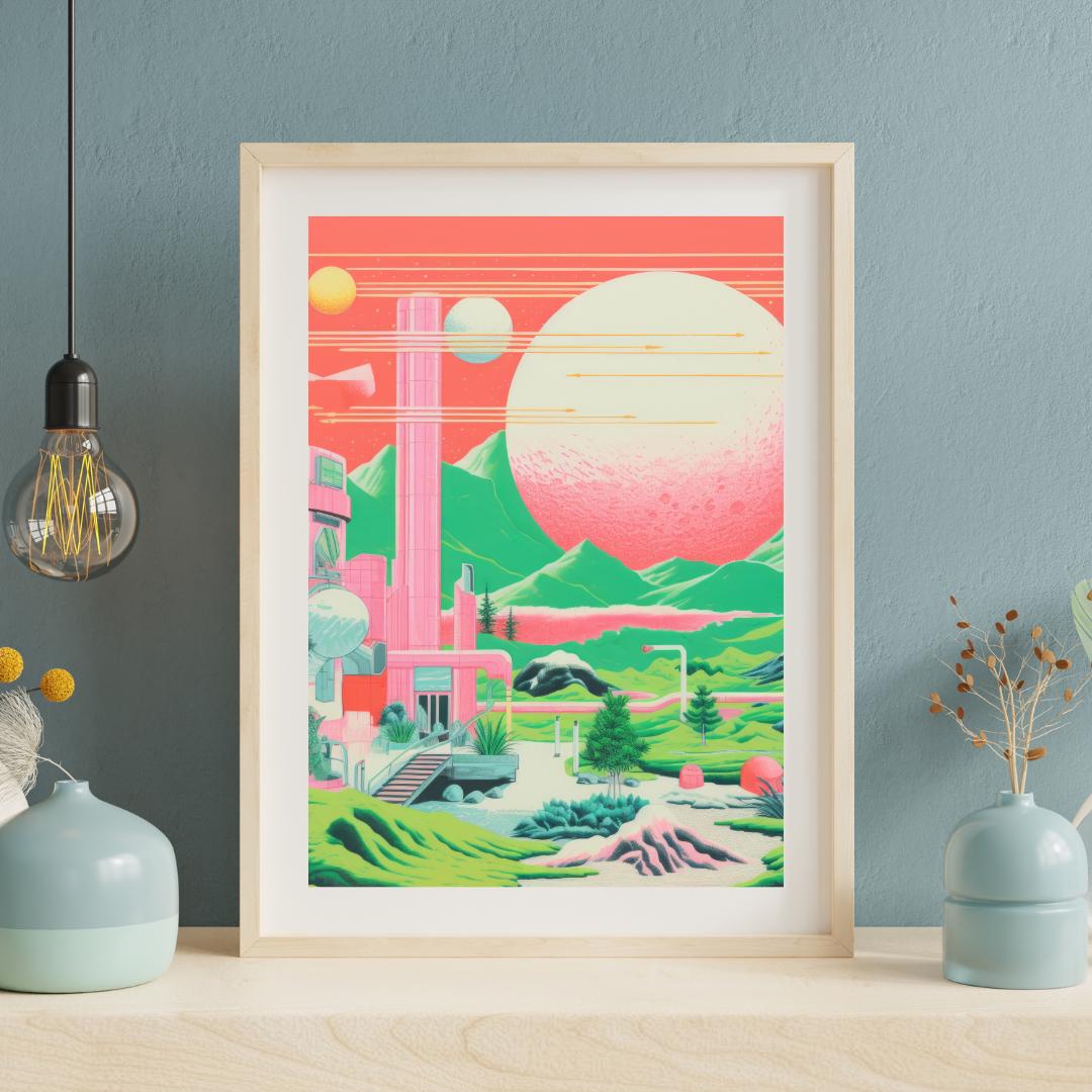 Retro Futuristic Landscape Art – Vibrant Sci-Fi Poster with Neon Planets and Cosmic Architecture - Social Canvas