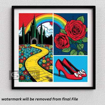 Wizard of Oz Style Pop Art Poster - Yellow Brick Road & Ruby Slippers Wall Art | 300 DPI - Social Canvas