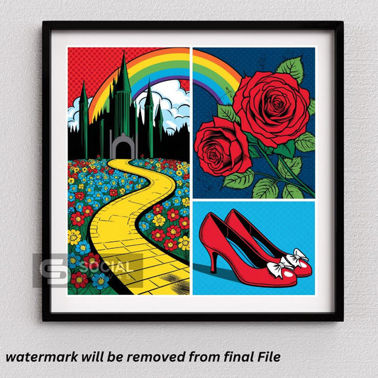 Wizard of Oz Style Pop Art Poster - Yellow Brick Road & Ruby Slippers Wall Art | 300 DPI - Social Canvas