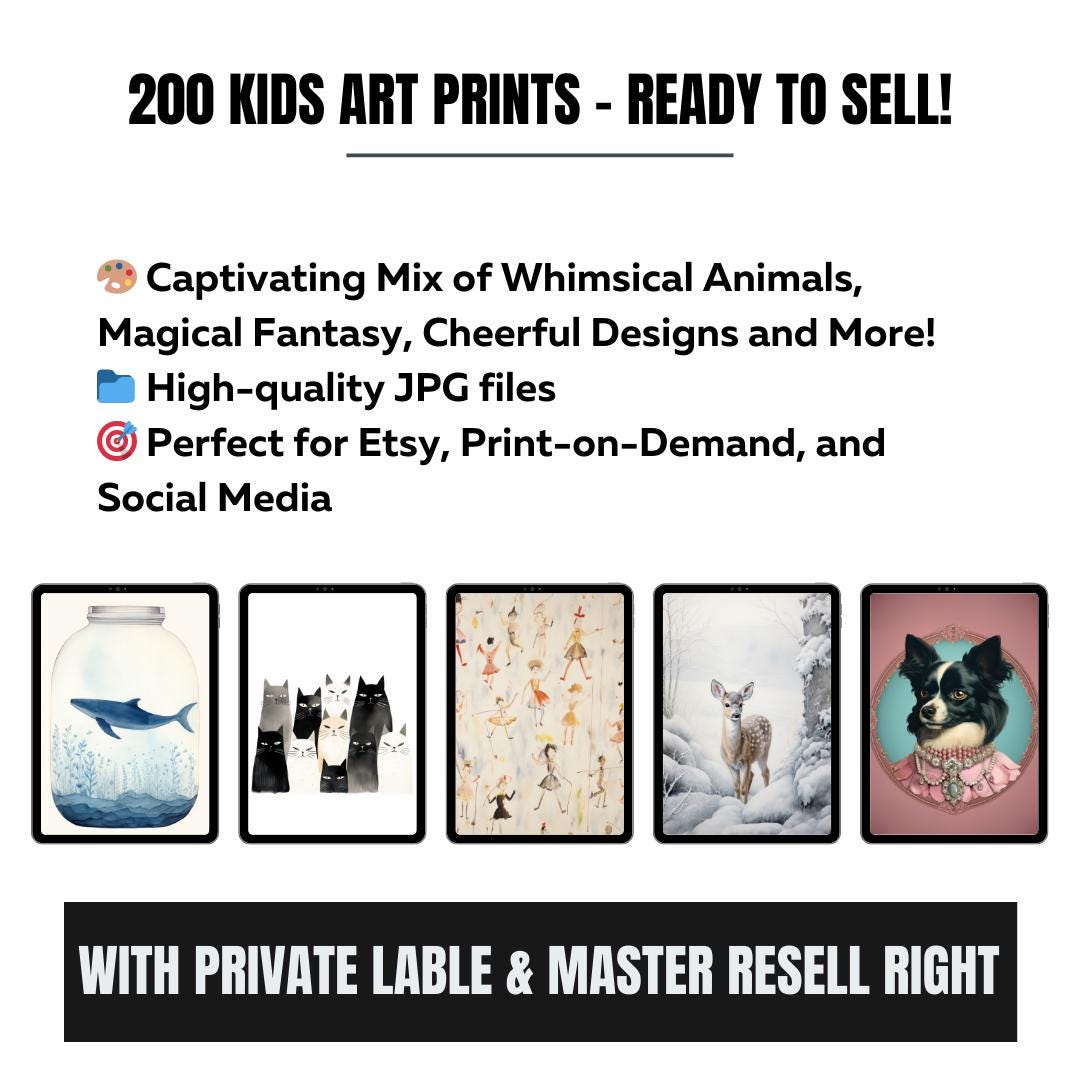 Kids Resellable Art Prints Bundle | 200 Digital Art Prints + Canva Guide + Product Listing Templates | MRR Digital Download - Social Canvas