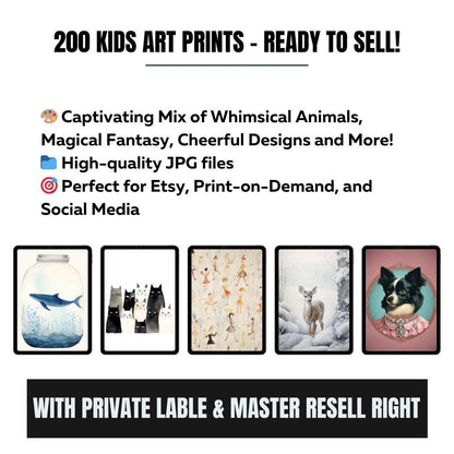 Kids Resellable Art Prints Bundle | 200 Digital Art Prints + Canva Guide + Product Listing Templates | MRR Digital Download - Social Canvas