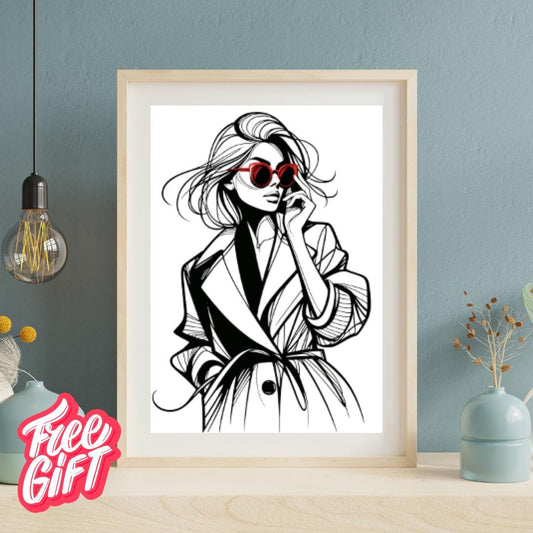 Fashion Icon Sketch - Minimalist Wall Art with Red Sunglasses | Contemporary Figure Line Art Poster Digital Download - Free Bonus Prints - Social Canvas