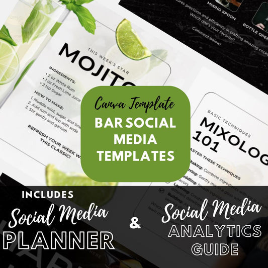 30 Bar Social Media Templates | Social Media Planner and Analytics Guide | Cocktail Menus, Happy Hour & Event Promotions - Social Canvas