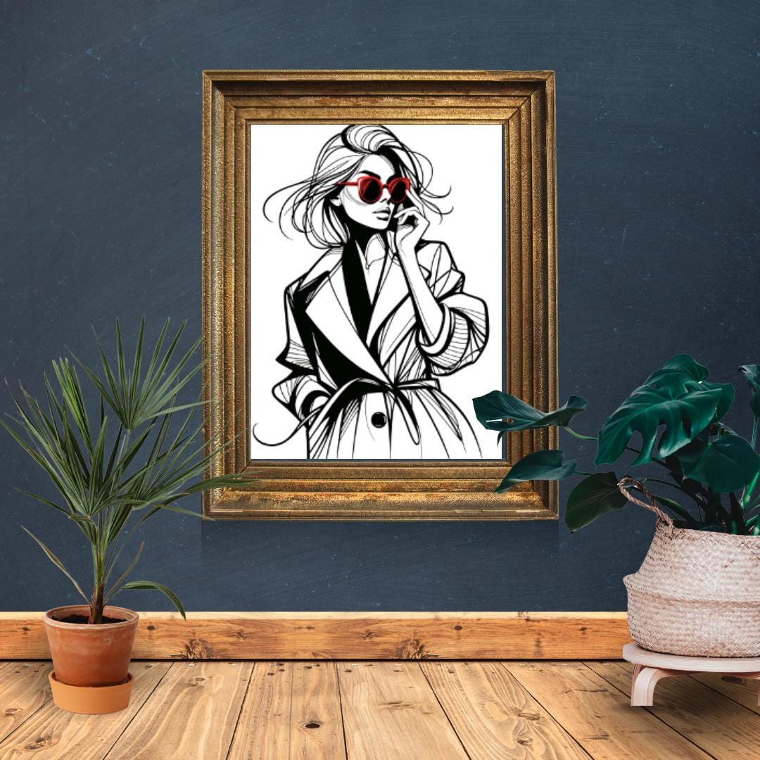 Fashion Icon Sketch - Minimalist Wall Art with Red Sunglasses | Contemporary Figure Line Art Poster Digital Download - Free Bonus Prints - Social Canvas
