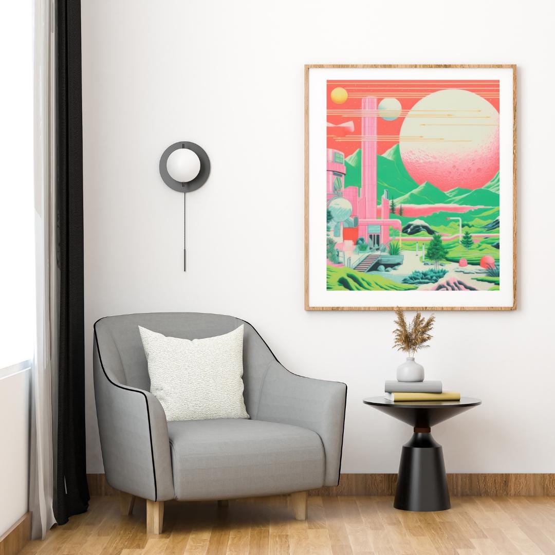 Retro Futuristic Landscape Art – Vibrant Sci-Fi Poster with Neon Planets and Cosmic Architecture - Social Canvas