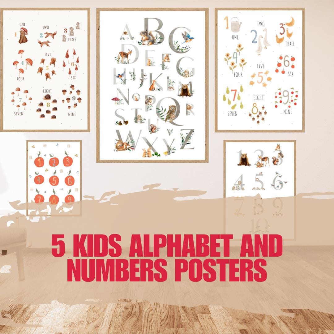 Set of 5 Kids Alphabet and Numbers Posters - Educational Wall Art for Learning - Social Canvas