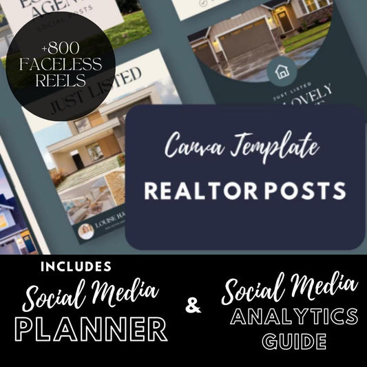 Realtor Social Media Canva Templates | Real Estate Agent Marketing Kit | Social Media Planner, Analytics Guide | 800 Faceless Videos - Social Canvas