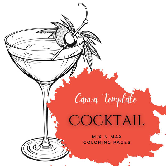 Cocktail Coloring Book | 25-Page Canva Template with Stylish Drink Designs | Fun Cocktail-Themed Coloring Pages for Adults - Social Canvas