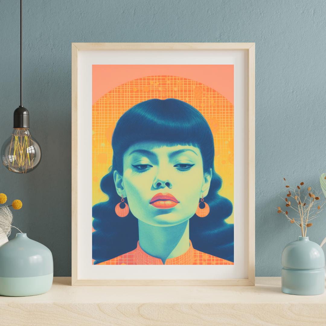 Retro-Inspired Pop Art Portrait - Bold Yellow and Blue Female Illustration - Modern Wall Decor - Social Canvas