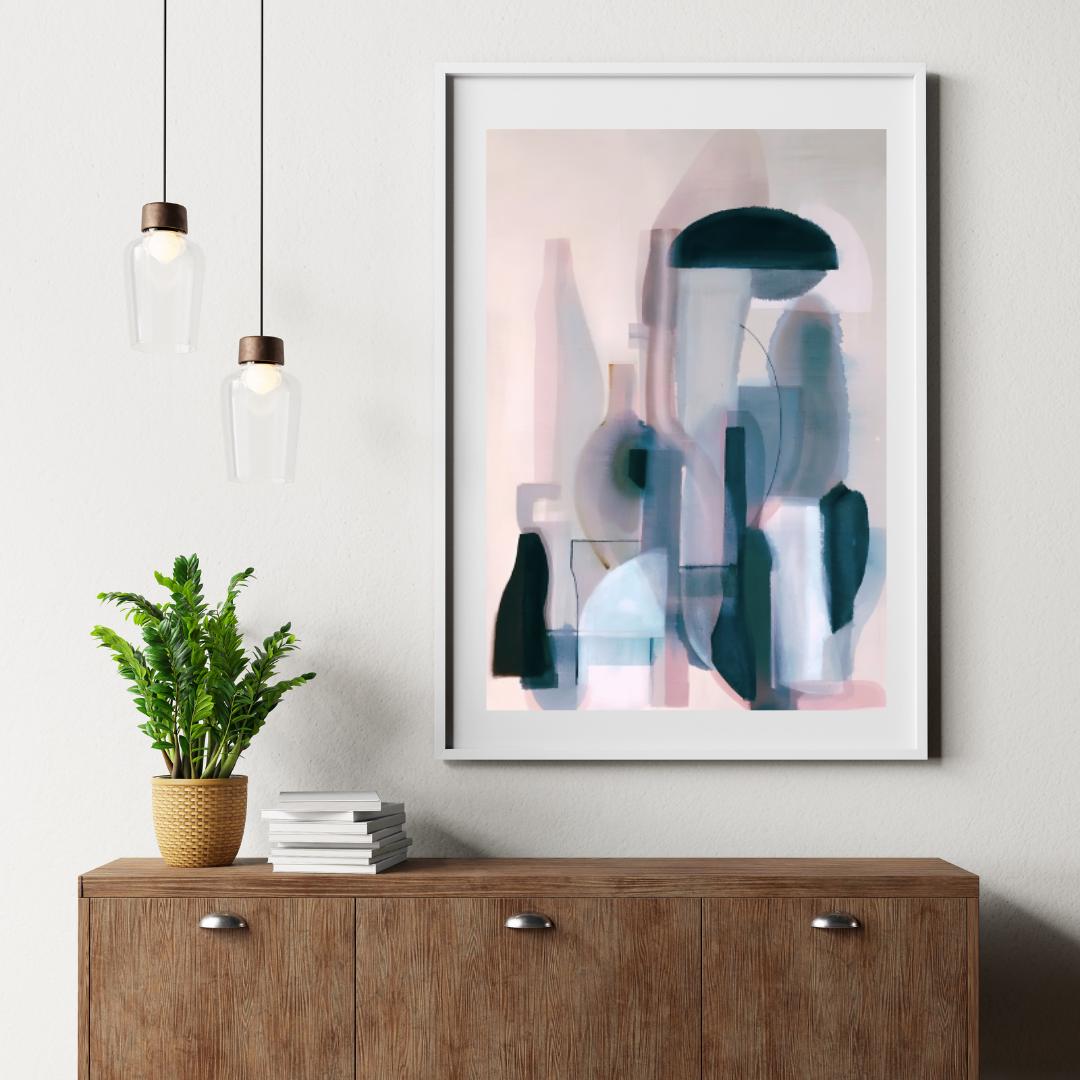 Abstract Still Life Bottles Art Print | Modern Minimalist Pastel Wall Decor | Contemporary Home and Office Artwork - Social Canvas
